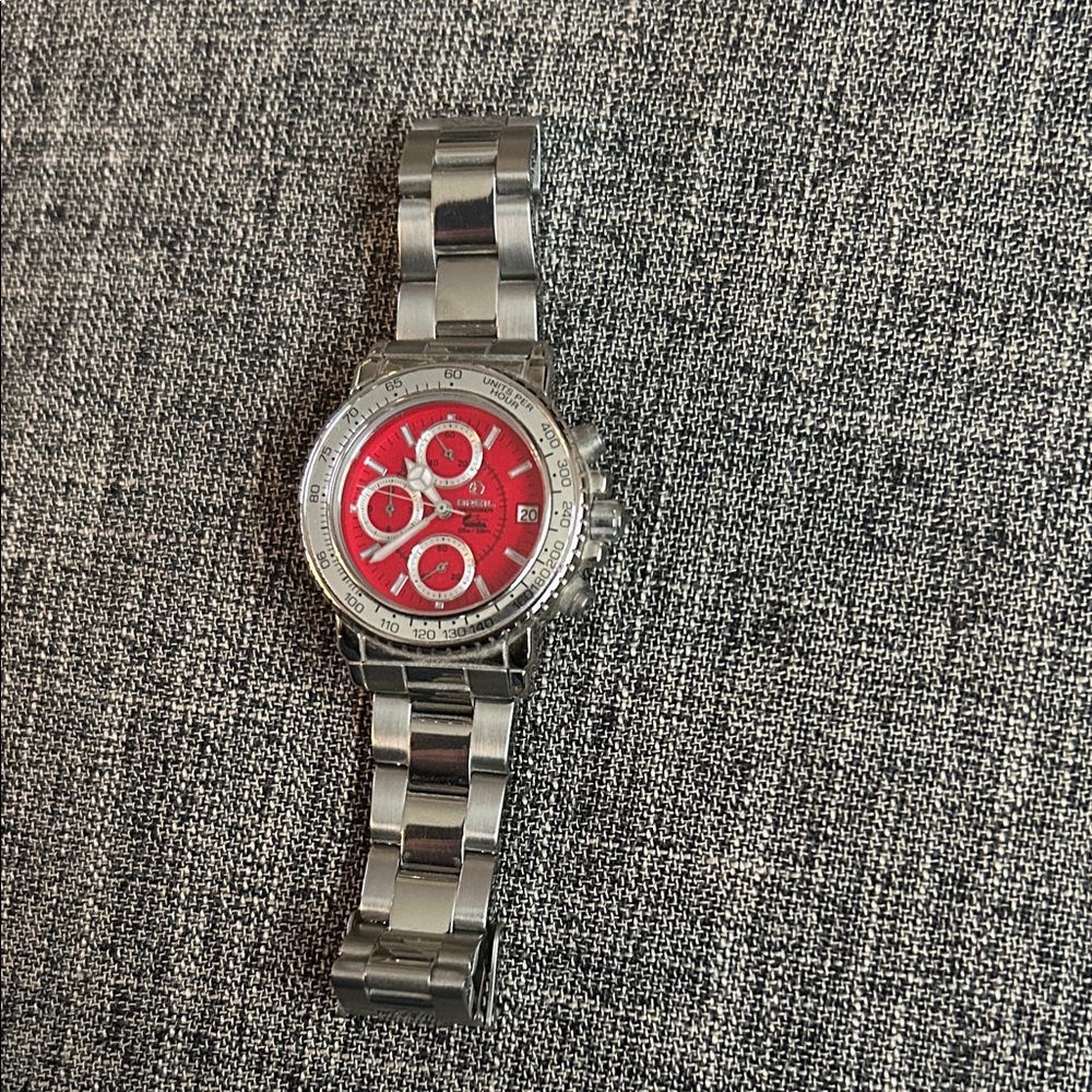 Men's Stainless Steel Chronograph Watch with Red Dial